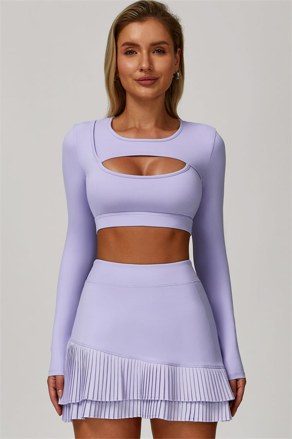 The Lavish Long Sleeve Cut-out Crop Top Tennis Skirt 2-Piece Set