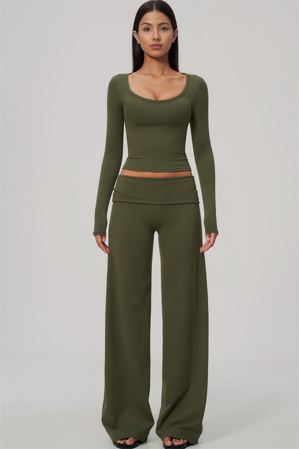 The Amity Long Sleeve T-shirt Straight Leg Pants Foldover Waist 2-Piece Set