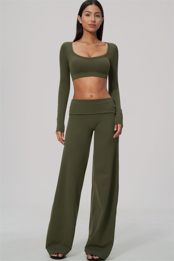 The Amity Long Sleeve Crop Top Straight Leg Pants Foldover Waist 2-Piece Set